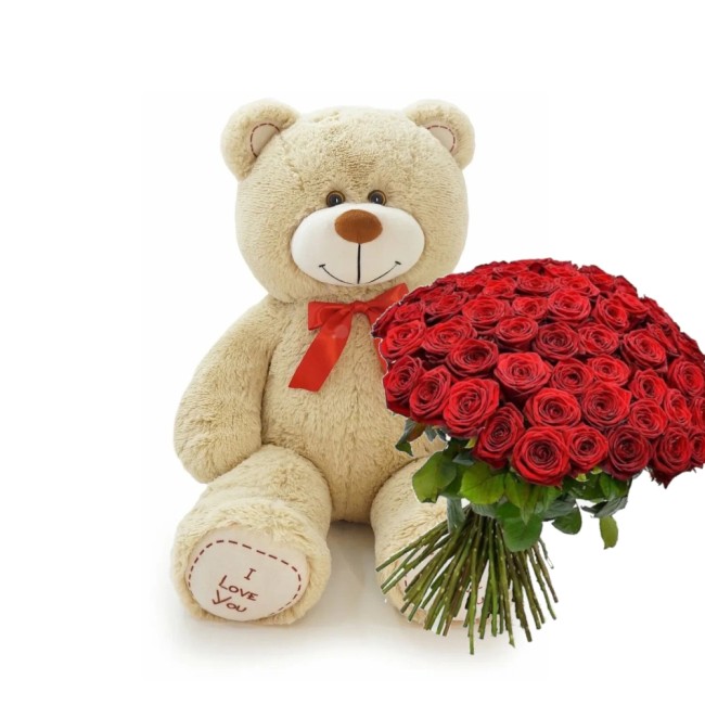 Букет цветов "51 роза и большая игрушка" Букет цветов "51 роза и большая игрушка"